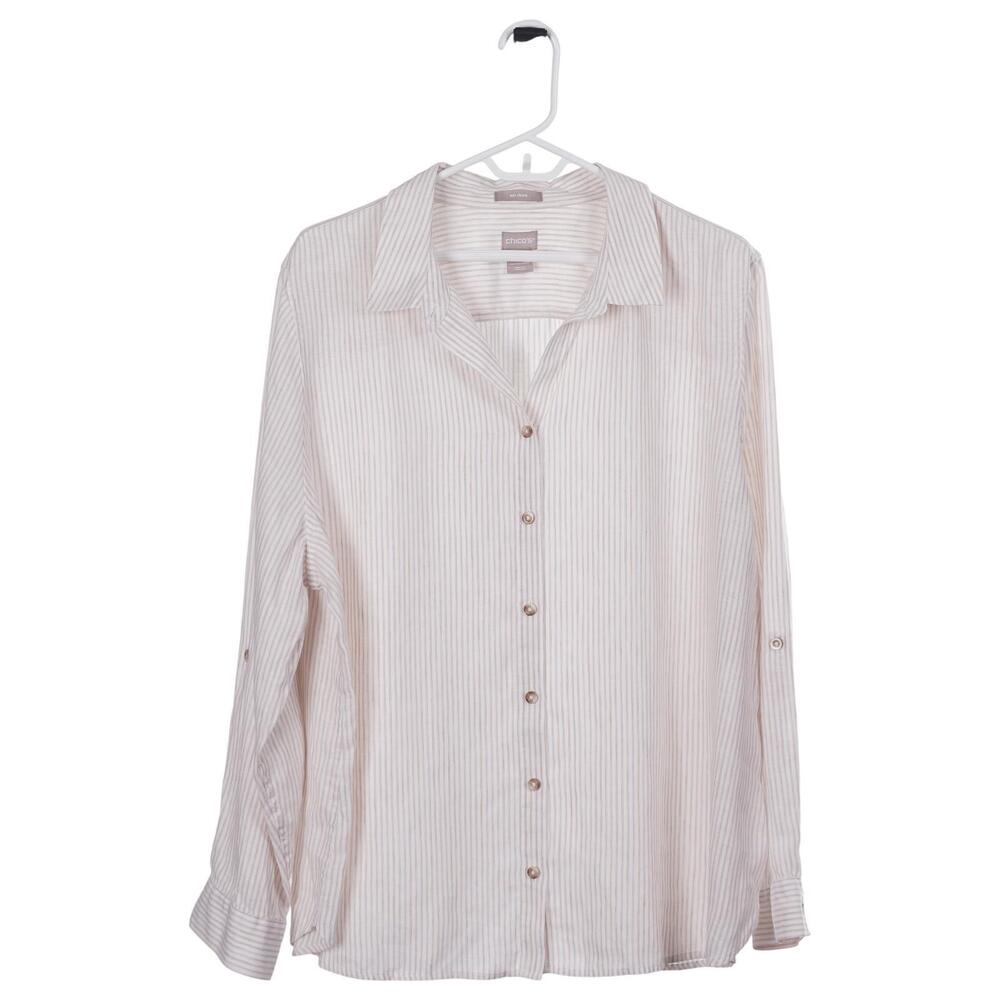 Chico's Top Size 4 (20/22) Beige Linen Striped Button-Up Long Sleeve No Iron